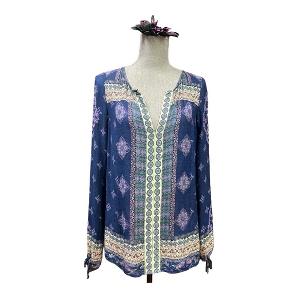 Lucky brand. Blue and purple patterned long sleeved blouse with tie sleeves sz S - Picture 1 of 14
